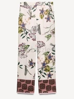 Zara NWT floral wide leg botanical geo printed pants sz s tropical vaca summer